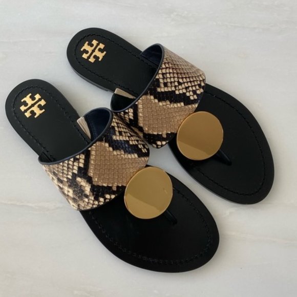 NWT Tory Burch® Patos Snakeskin-Embossed Leather Thong Sandals - Picture 1 of 10